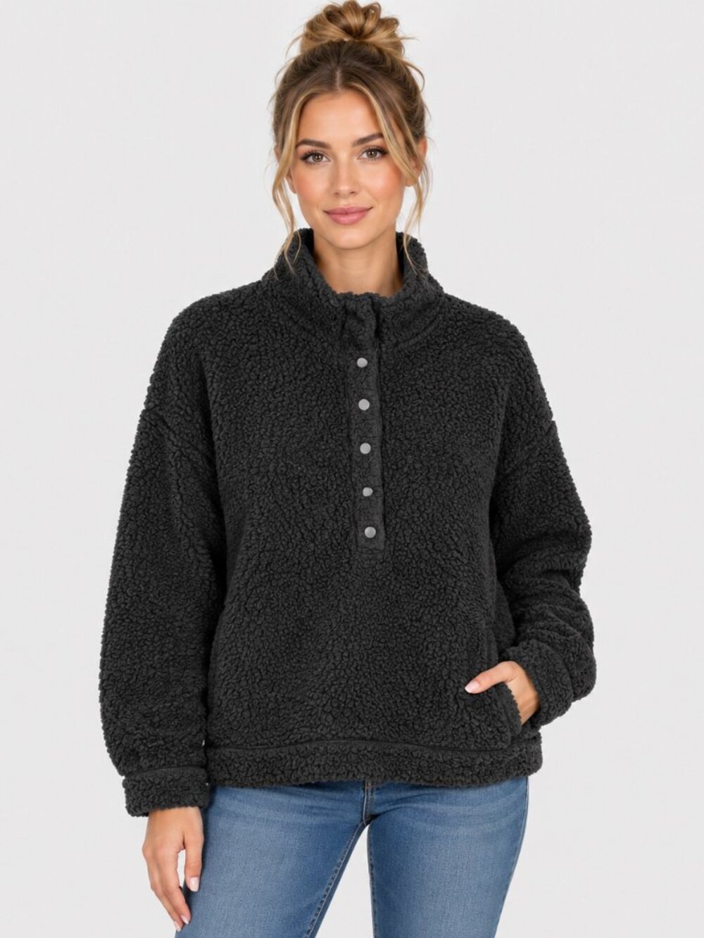Aerie Women’s Medium Black Sherpa Fleece Pullover Button Front Cozy Warm
